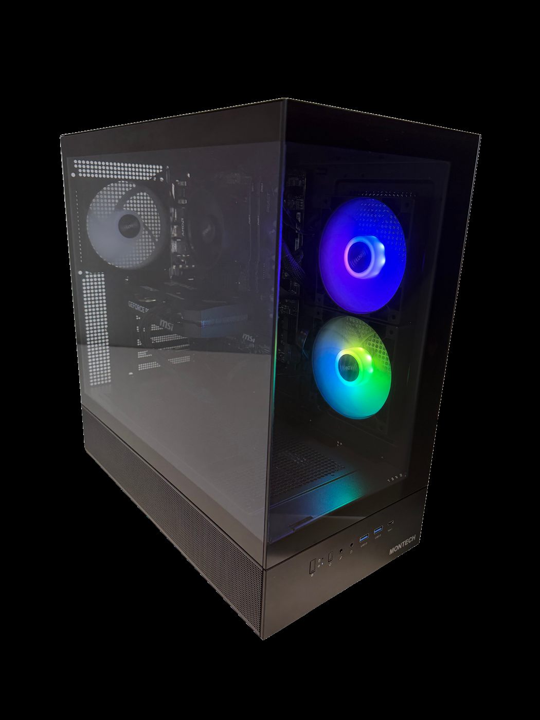 Apex V1 gaming PC — angled view through the glass side with RGB fans lit